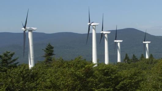 Wind turbines generate power at the Searsburg Wind Power Facility in Searsburg, Vt. Thursday, July 21, 2005. Two ridge lines in the southern Green Mountain National Forest soon could sprout 370-foot tall wind power generators, if the U.S. Forest Service approves what would be the first wind energy project on its lands anywhere in the country.  A company called Deerfield Wind LLC has proposed up to 30 of the towers in a special-use application to the Forest Service. The review is expected to take