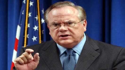 California Attorney General Bill Lockyer formally announces a lawsuit against a Sempra Energy affiliate, alleging that its traders manipulated electricity prices during the state's 2000-01 energy crisis, at a news conference in Sacramento, Calif., Wednesday, Nov. 16, 2005. (AP Photo/Steve Yeater)
