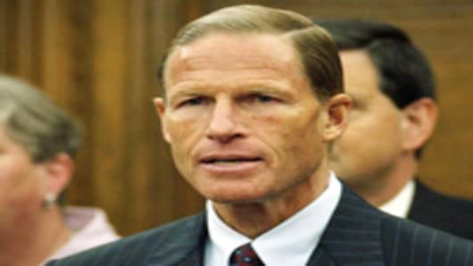 State Attorney General Richard Blumenthal holds a press conference in his office to announce plans to file a lawsuit against the U.S. Department of Education over the federal No Child Left Behind Act in Hartford, Conn., Monday August 22, 2005.