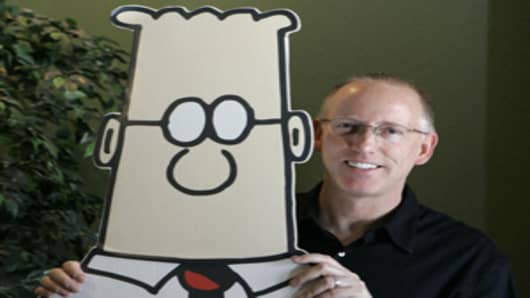 Scott Adams poses with a two-dimensional Dilbert in this 2006 file photograph.