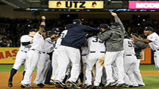 New York Yankee celebrating after winning Game 6 of the ALCS against the Los Angeles Angels of Anaheim.