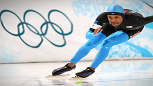US speed skater Shani Davis performs during a training session at Richmond Olympic Oval in Vancouver, ahead of the Vancouver 2010 Olympics.