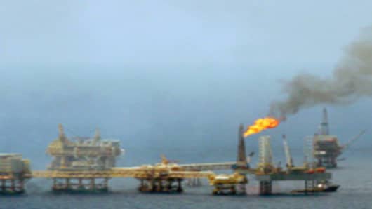 A Petroleos Mexicanos (PEMEX) oil rig near the shores of the state of Campeche, Mexico.