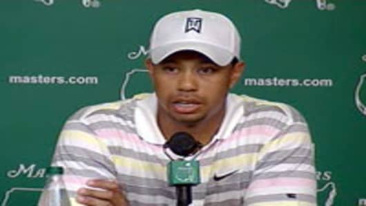 Tiger Woods speaks at press conference for Masters golf tournament, Augusta National Golf Club, Augusta, Georgia.