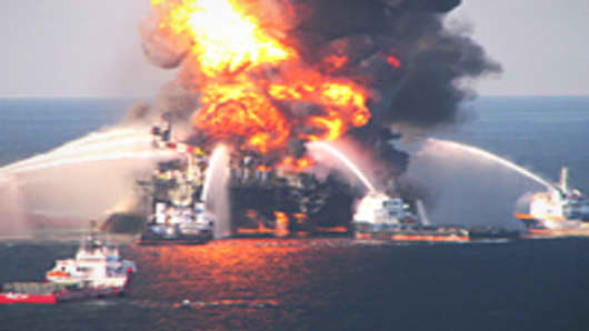 Fire boats battle a fire at the off shore oil rig Deepwater Horizon April 21, 2010 in the Gulf of Mexico off the coast of Louisiana.
