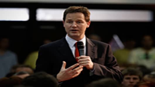 Liberal Democrat Leader Nick Clegg takes part in a question and answer session with community groups at the Frontline Church in Liverpool, England.