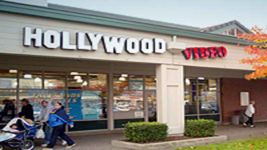 Customers leave a Hollywood Video store in Wilsonville, Oregon.