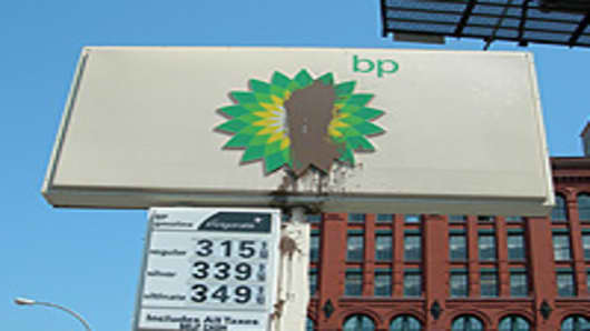 Simulated oil splatter on a BP gas station sign in Manhattan, New York.