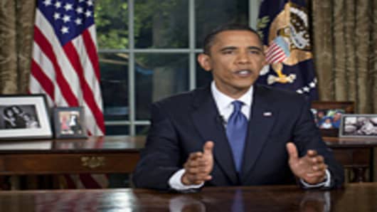 President Barack Obama used his first Oval Office address to press for compensation from BP for those "harmed by the Gulf oil spill," and to call for a comprehensive energy bill.