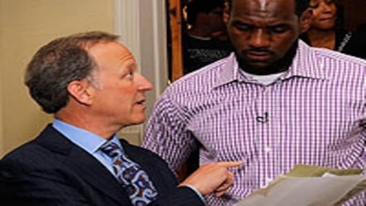 Jim Gray (L) of ESPN speaks with LeBron James at attends the LeBron James Pre Decision Meet and Greet on July 8, 2010 in Greenwich, Connecticut.