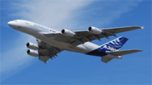 The Airbus A380 takes to the skies for a demonstration flight at the Farnborough Airshow in the UK.