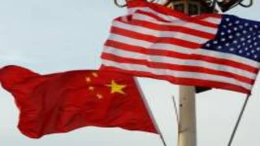 A Chinese and U.S. flag flutter in front of Tiananmen Gate on November 16, 2009 in Beijing of China.