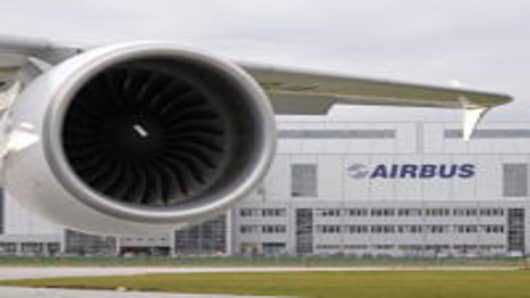 The engine of the Airbus A380 at the Airbus plant in Hamburg on October 30, 2009.
