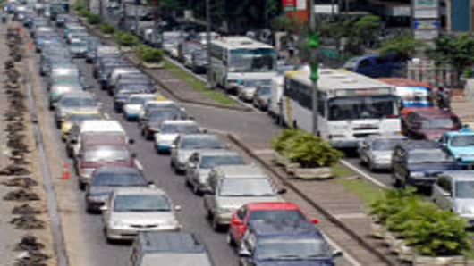 Heavy morning traffic, Thamrin Street, Jakarta, Indonesia