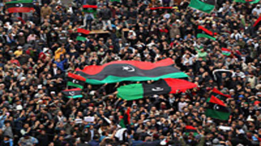 Libyan opposition supporters demonstrate in Benghazi, Libya.