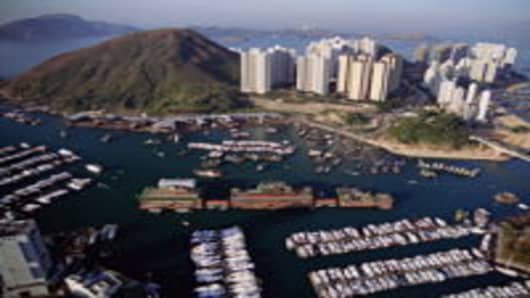 China, Hong Kong, marina and skyline, aerial view