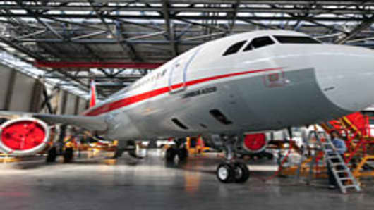 A Sichuan Airlines A320 jet inside a hangar at the Airbus Tianjin factory in Tianjin, northern China.