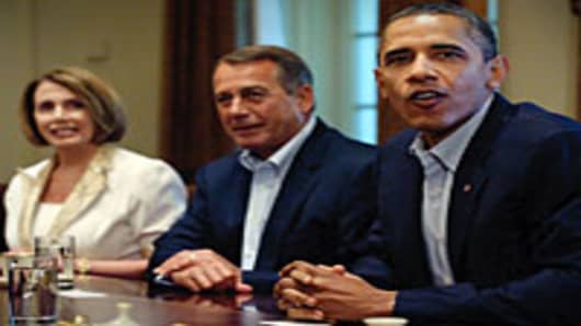 Barack Obama meets for budget talks with congressional leaders July 10, 2011 in the Cabinet Room of the White House in Washington, DC, including House Minority Leader Rep. Nancy Pelosi (L), and House Speaker John Boehner.