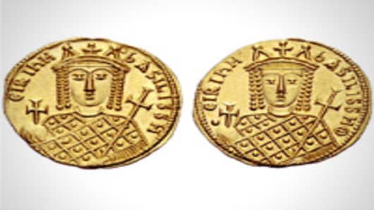 Gold coins of Byzantine emperor Constantine VI and his mother Irene from the 8th century.