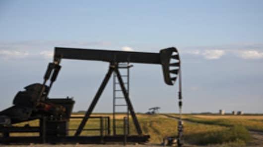Oil derricks in North Dakota pump oil from the Bakken Formation.
