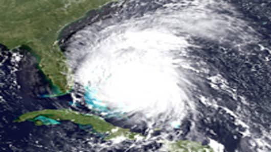 In this handout satellite image provided by the National Oceanic and Atmospheric Administration (NOAA), shows Hurricane Irene on August 25, 2011 in the Caribbean Sea.