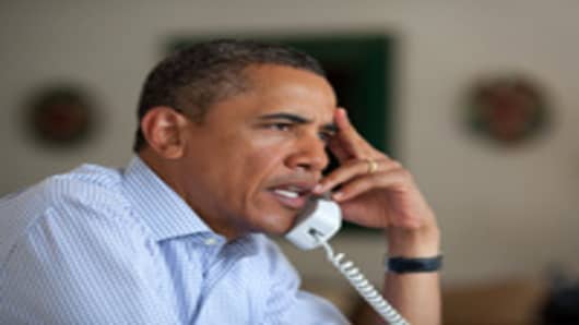 President Barack Obama holds conference call on Hurricane Irene with FEMA Director Craig Fugate, Homeland Security Secretary Janet Napolitano, Chief of Staff Bill Daley.