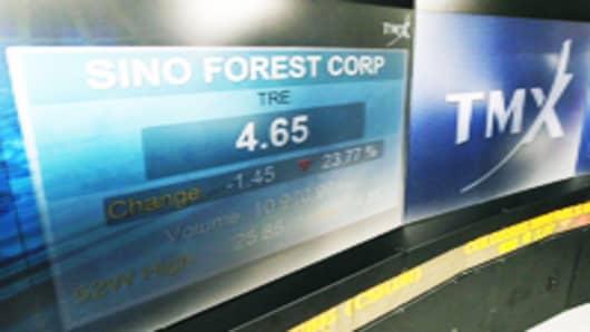 Sino-Forest Corp.'s trading price is shown on an electronic display at the Toronto Stock Exchange (TSX) in Toronto, Ontario, Canada