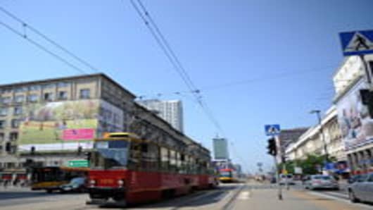 A tramway pass in the center of Warsaw on June 8, 2011. Poland and Ukraine will co-host the 2012 European Football Championship.