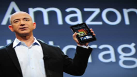 Amazon CEO Jeff Bezos introducing the new Kindle Fire tablet in New York. The Fire is expected to go up against Apple's iPad2.