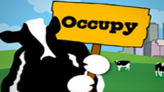Ben and Jerry cow icon supporting Wall Streeet protest