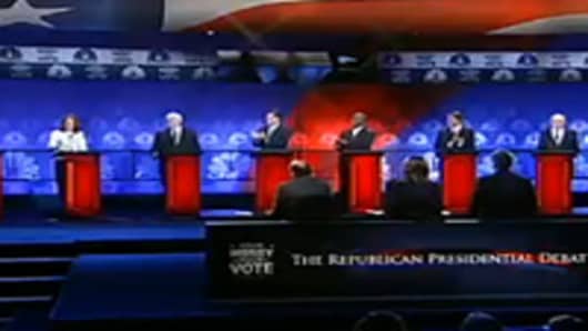Candidates on stage at the CNBC GOP candidates debate.