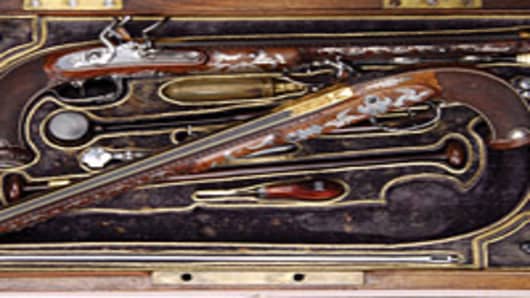 Gold and silver embellished flintlocks made by Napoleon’s gunsmith, Nicholas-Noël Boutet. Auctioneer James D. Julia of Fairfield, Maine sold the pricey pistols for $132,250 during his annual spring firearms auction in 2010. The auction grossed $8.5 million.