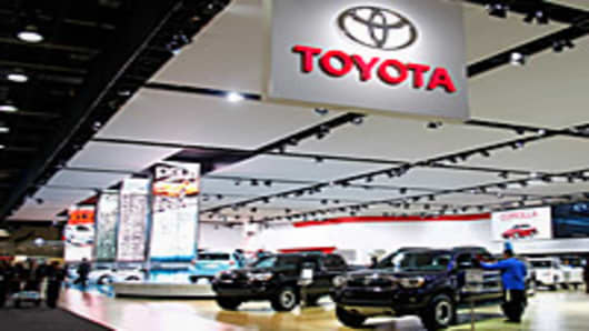 The Toyota exhibit during a media preview day at the 2012 North American International Auto Show in Detroit, Michigan.