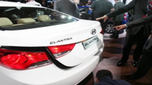 The Hyundai Elantra is viewed on the floor of the the New York International Auto Show April 20, 2011 in New York City.
