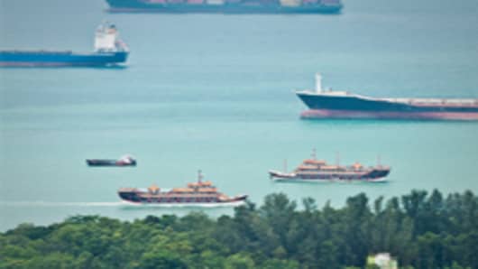 Empty container ships on The Straits of Singapore.
