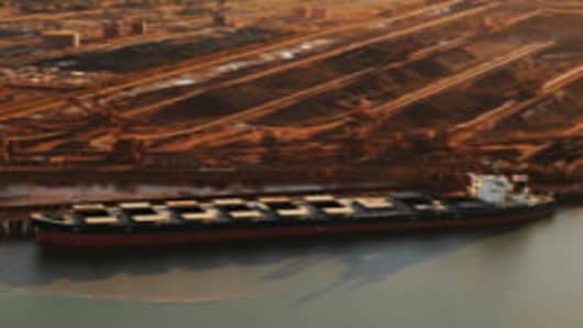 Aerial of iron ore ships at Port Hedland.