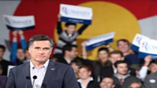 Republican presidential candidate Mitt Romney speaks to supporters at a rally in the Tivoli Student Union on the Auraria Campus on February 7, 2012 in Denver, Colorado.