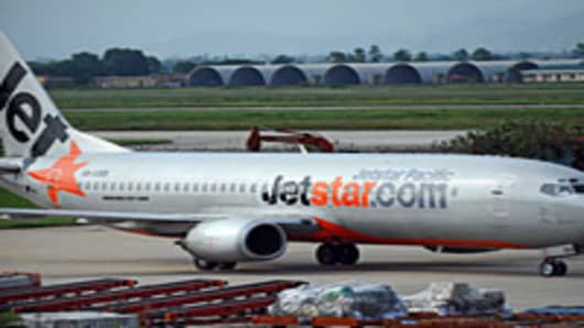 Low-cost airline Jetstar Pacific taxiing at Hanoi's Noi Bai international airport.