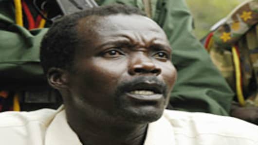 Joseph Kony, leader of the rebel group the Lord?s Resistance Army that has been fighting a war against the Ugandan government for the past twenty years, makes a rare statement to the media during peace talks on August 1, 2006 on the Congo-Sudan Border.