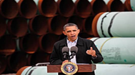 President Barack Obama speaks at the southern site of the Keystone XL pipeline on March 22, 2012 in Cushing, Oklahoma.