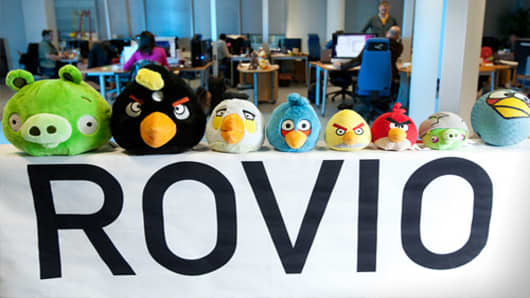 Angry Bird toys are seen on display at the headquarters of the game's developer Rovio Mobile Oy in Espoo, Finland.