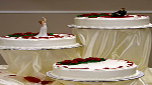 Wedding cakes and cake stands purchased at Sam's Club.
