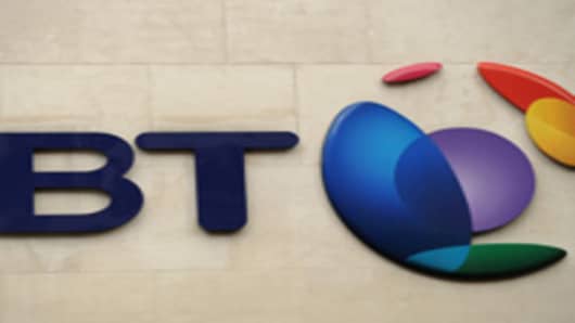 The British Telecom logo is pictured in London.