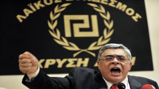 Nikos Michaloliakos is the leader of the extreme right-wing party, whose name translates as Golden Dawn. It has often attracted controversy, with two high profile murderers linked to the group, and the alleged use of the Nazi salute at an Athens Municipal Council meeting.