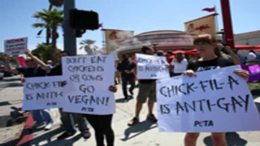 HOLLYWOOD, CA - AUGUST 01: PETA and the LGBT community's "Chick-fil-A Is Anti-Gay!" protest occurs at Chick-fil-A on August 1, 2012 in Hollywood, California.
