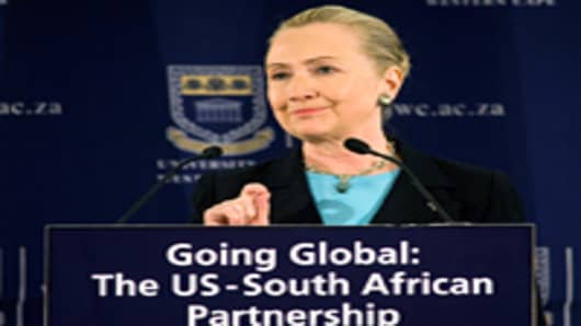 US Secretary of State Hillary Clinton delivers a speech on August 8, 2012 at the University of the Western Cape in Cape Town. Clinton urged South Africa to build on icon Nelson Mandela's legacy and flex its growing influence on the global sticking points of Syria, Iran and Zimbabwe.