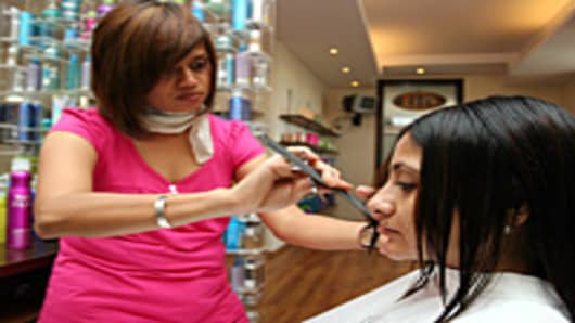 Shonali Datta, getting her hair cut by an international hairstylist at Juice Hair Salon in Mumbai, Maharashtra, India.