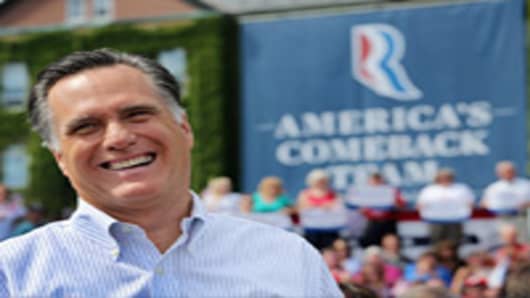 Republican presidential candidate, former Massachusetts Gov. Mitt Romney laughs at a campaign event at Saint Anselm College on August 20, 2012 in Manchester, New Hampshire.
