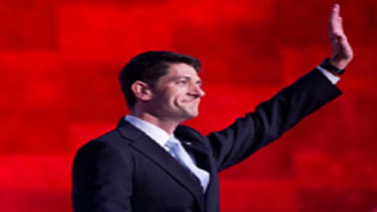 Rep. Paul Ryan, R-Wisc., republican vice-presidential nominee, addresses the Republican National Convention in the Tampa Bay Times Forum.