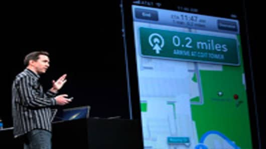 Apple Senior VP of iPhone Software Scott Forstall demonstrates the new map application featured on iOS 6 during the keynote address during the 2012 Apple WWDC keynote address at the Moscone Center.